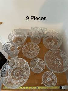 lot 41 image: Set of 9 Crystal Cut Glass Serving Dishes and Pitcher