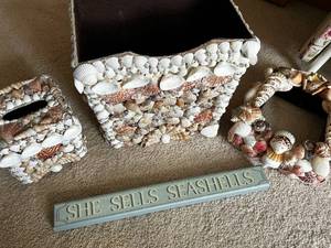 lot 88 image: Handcrafted Sea Shell Decor Set with Storage Basket, Tissue Box, Mirror Frame, and Plaque