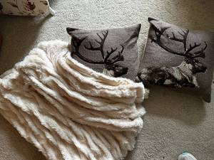 lot 100 image: Set of 2 Deer Design Throw Pillows with Faux Fur Blanket