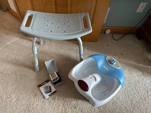 lot 105 image: Bathroom Stool, Dr. Scholls Foot Bath, and Automatic Blood Pressure Monitor