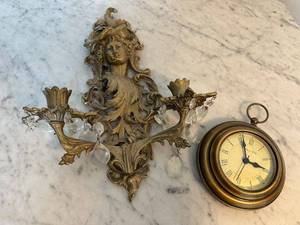 lot 106 image: Antique Brass Wall Sconce with French Style Clock