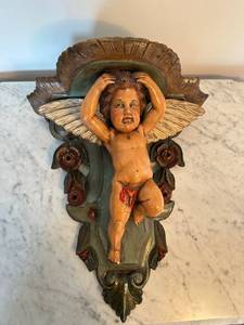 lot 109 image: Hand-Carved Cherub Wall Sconce with Rose Detail