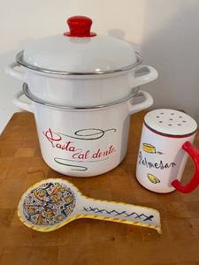 lot 133 image: Set of Italian Pasta Pot with Strainer, Spoon, and Parmesan Cheese Dish
