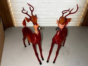 lot 161 image: Pair of Vintage Mid-Century Hard Plastic Red Reindeer Figurines with Bells