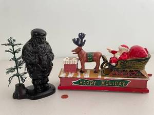 lot 177 image: Vintage Cast Iron Santa & Sleigh Coin Bank Set