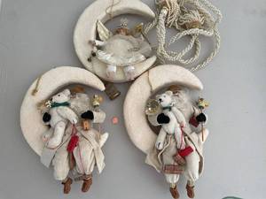 lot 178 image: Set of 3 Vintage Christmas Moon Decor with Angel and Santa Figurines