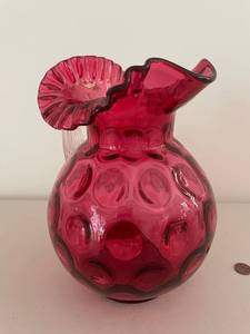 lot 189 image: Vintage Fenton Cranberry Glass Pitcher with Ruffled Rim