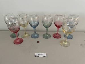 lot 195 image: Set of 8 Etched Glass Goblets with Gold Rim