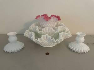 lot 200 image: Set of Vintage Milk Glass Hobnail and Ruffled Edge Vases with Candle Holders incl Fenton