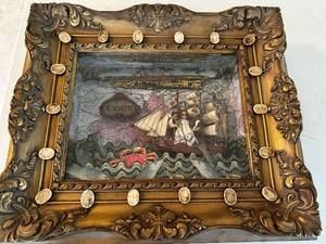 lot 210 image: Christofferson Child Jesus Sailing on the Sea Decorative 3D Collage Artwork in Ornate Frame Featuring Sailing Ship