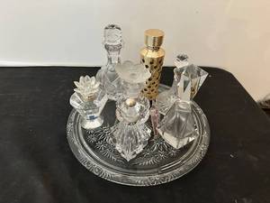 lot 214 image: Assorted Collection of 7 Crystal Perfume Bottles with Tray
