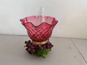 lot 280 image: Vintage Fenton Cranberry Red Glass Hurricane Candle Holder with Decorative Base