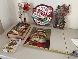 lot 281 image: Assorted Vintage Christmas Decorations and Metal Sign