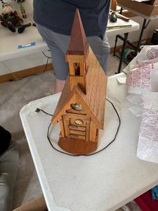 lot 290 image: Wooden Model Church with Illuminated Interior and Religious Prints