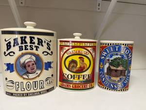 lot 295 image: Set of 3 Decorative Ceramic Kitchen Canisters with Vintage Labels