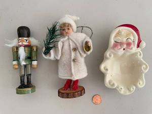 lot 297 image: Set of 3 Holiday Figurines Santa Dish, Angel, and Nutcracker
