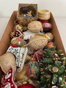 lot 299 image: Collection of Vintage Christmas Ornaments - Enamel, Handmade, etc with Tree and Airplane Figurine