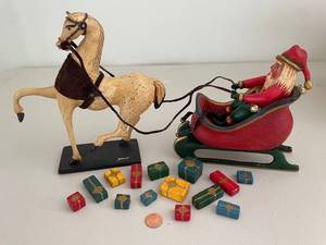 lot 300 image: Jauquet Santa and Horse Sculpture with Wooden Gift Boxes