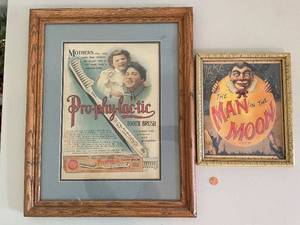 lot 318 image: Vintage Framed Poster Collection Prophylactic Tooth Brush and Man in the Moon