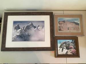 lot 320 image: Set of 3 Framed Artworks - Mountain, Pueblo, and Sea Turtle