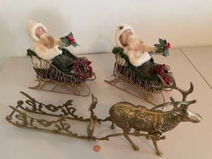 lot 334 image: Set of 2 Christmas Sleighs with Santa Figurines and Brass Reindeer