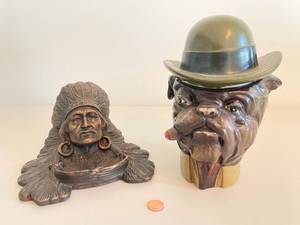 lot 340 image: Vintage Native American Ashtray and Bulldog Head Humidor