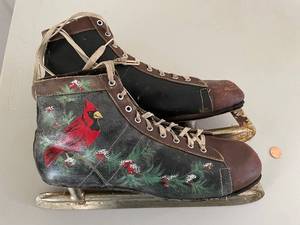 lot 380 image: Vintage Ice Skates with Hand-Painted Cardinal Design