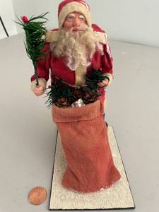 lot 399 image: Retired Twins Feather Trees - Handcrafted Vintage Santa Claus Doll with Sack of Pine Cones