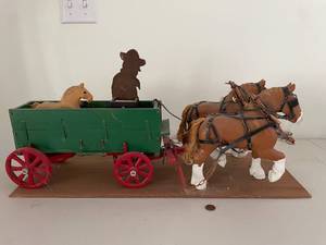 lot 665 image: Vintage Wooden Horse-Drawn Wagon Toy with Horses and Driver Figurine