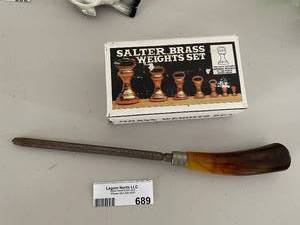 lot 689 image: Salter Brass Weights Set with Vintage Knife Sharpener