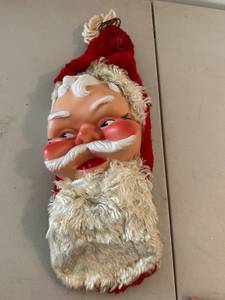 lot 727 image: Vintage Santa Claus Christmas Decoration with Fur Beard, Rubber Face and Zipper Pouched Hat