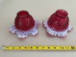 lot 773 image: Pair of Vintage Cranberry Opalescent Hobnail Glass Lamp Shades