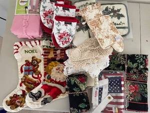 lot 792 image: Collection of Holiday and Decorative Textiles including Stockings and Table Linens