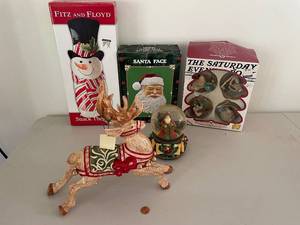 lot 799 image: Festive Christmas Decor Collection 4 Hanging Ornaments, Santa Face, Snowman Snack Therapy & Reindeer Figurine