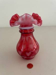 lot 820 image: Vintage Fenton Heart Optic Cranberry Opalescent Glass Vase with Ruffled Edge