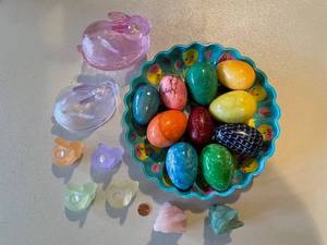 lot 824 image: Easter Collection Assorted Stone and Frosted Glass Bunnies with Decorative Eggs