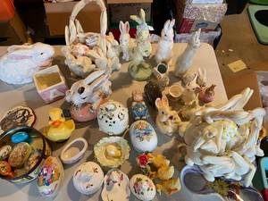 lot 825 image: Collection of Metal Tins, Porcelain and Ceramic Bunnies with Easter Decorations