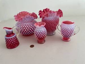 lot 836 image: Set of 5 Cranberry Fenton Opalescent Hobnail Glass Vases and Pitchers