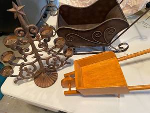 lot 865 image: Rustic Candelabra, Decorative Sled, and Wooden Wheelbarrow Set