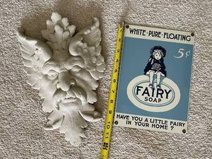 lot 871 image: Vintage Fairy Soap Tin Sign and Gargoyle Wall Plaque