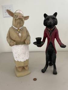 lot 876 image: Whimsical Pig Chef and HEAVY Fox Metal Waiter Statues with Elegant Attire