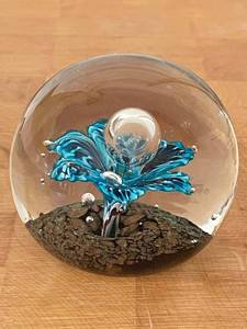 lot 207E image: Handcrafted Glass Paperweight with Blue Flower Design