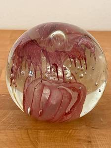 lot 207F image: Unique Hand-Blown Glass Paperweight with Red Swirl Design