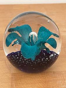 lot 207G image: Glass Paperweight with Blue Flower Design