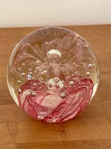 lot 207H image: Artistic Glass Paperweight with Swirled Red Design
