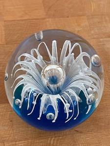 lot 207J image: Handcrafted Glass Paperweight with White and Blue Design