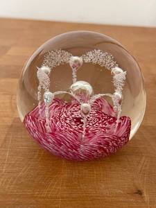 lot 208E image: Glass Orb Paperweight with Intricate Red Swirls and Bubble Design