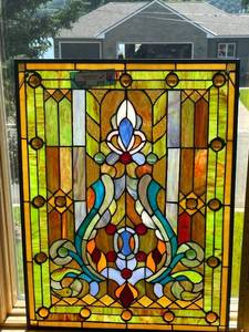 lot 215A image: Colorful Art Nouveau Style Stained Glass Window Panel