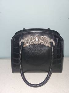 lot 428 image: Vintage Brighton Black Leather Handbag with Silver Accent and Braided Handles
