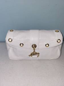 lot 439 image: White Leather Handbag with Gold Accents and Tropical Lining